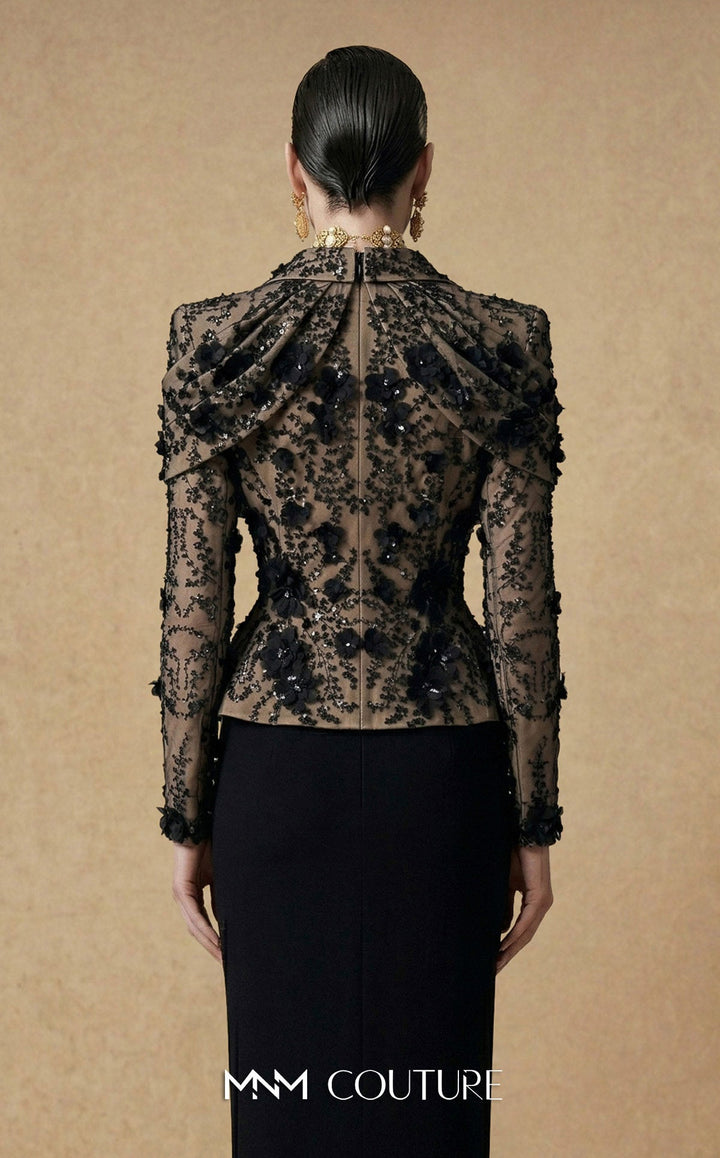 Fouad Sarkis F03047 Embellished Long Sleeve Sheath Couture Dress