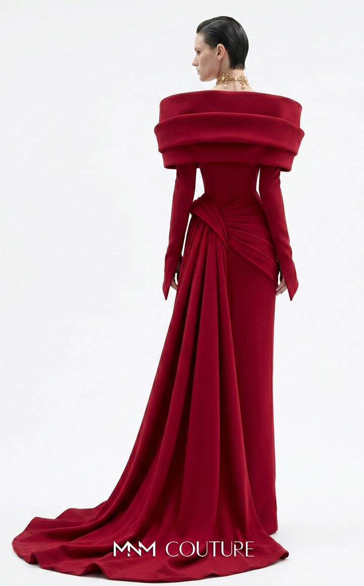 Fouad Sarkis F03049 Open V-Shape Fitted Sleeves Sheath Couture Dress