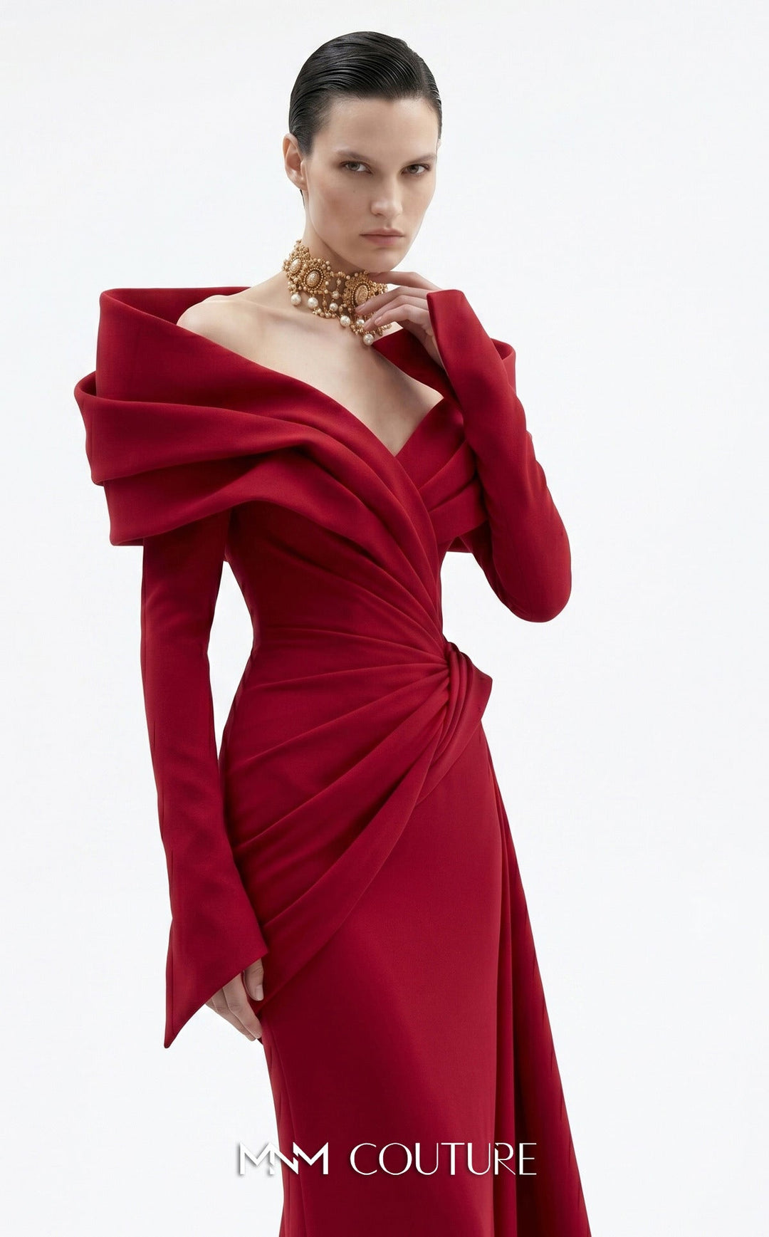Fouad Sarkis F03049 Open V-Shape Fitted Sleeves Sheath Couture Dress