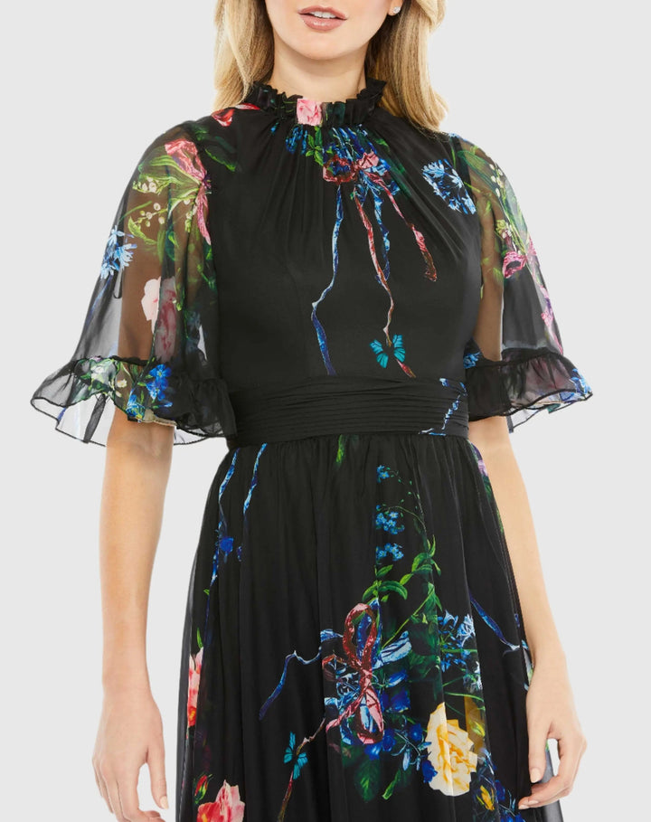 Mac Duggal 68230 Floral Print Ruffled High Neck Flutter Sleeve Gown