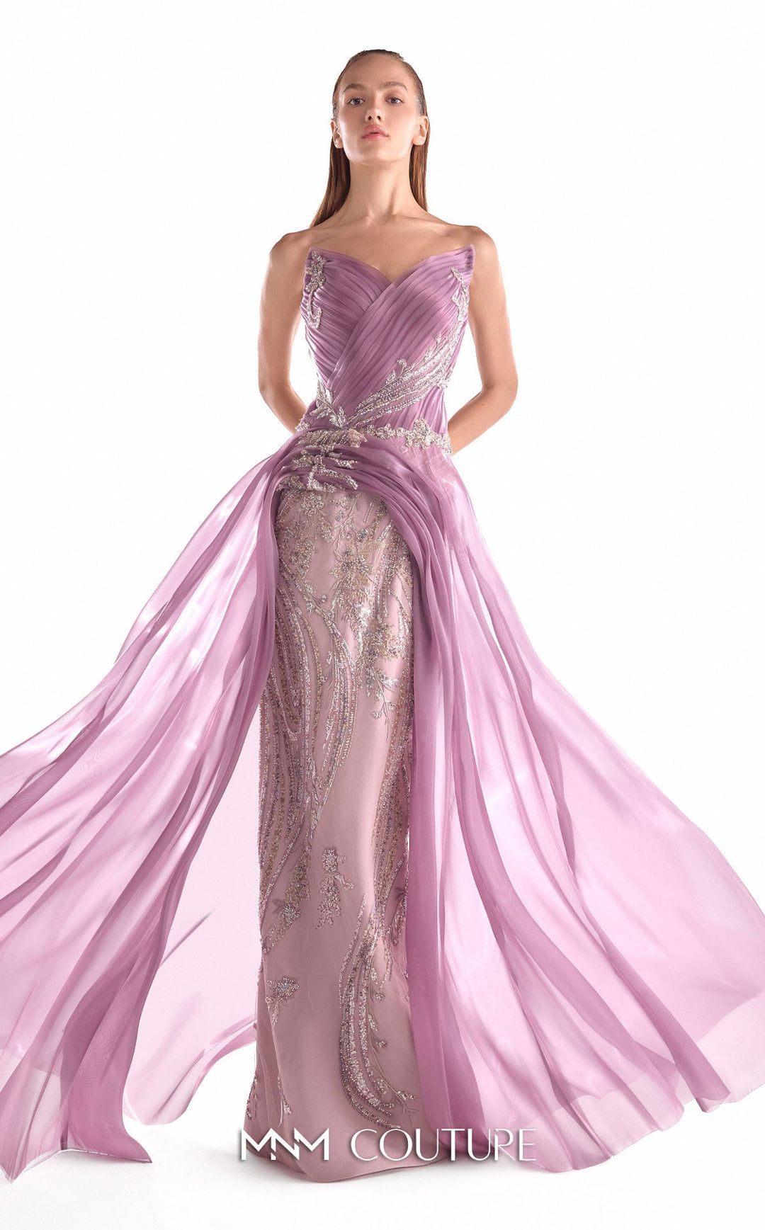 MNM Couture Style G2131: Floral Lace Gown with Organza Train - FOSTANI.com