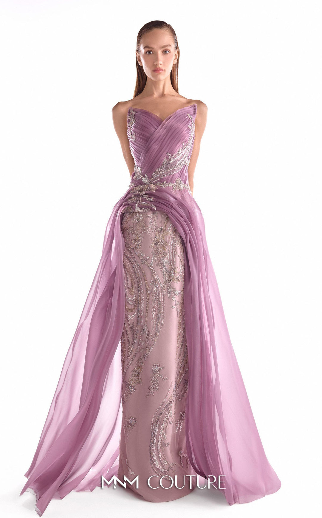 MNM Couture Style G2131: Floral Lace Gown with Organza Train - FOSTANI.com