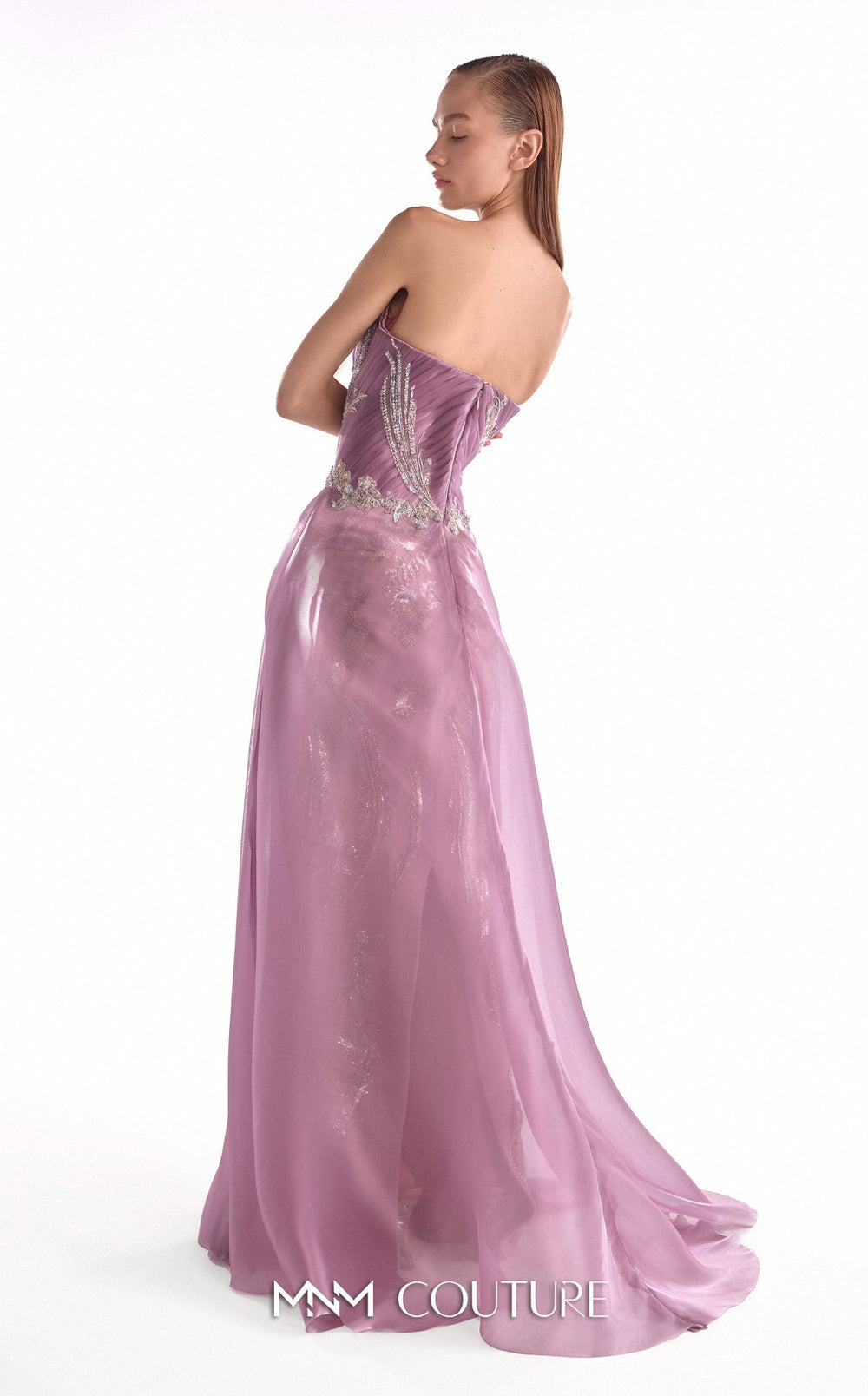 MNM Couture Style G2131: Floral Lace Gown with Organza Train - FOSTANI.com