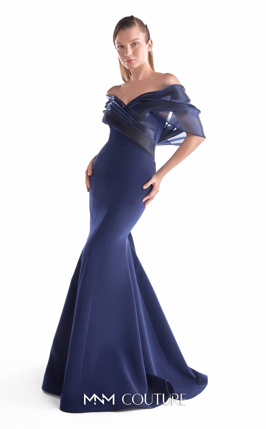 MNM Couture Style G2144: Midnight Organza Navy Crepe Gown - FOSTANI.com