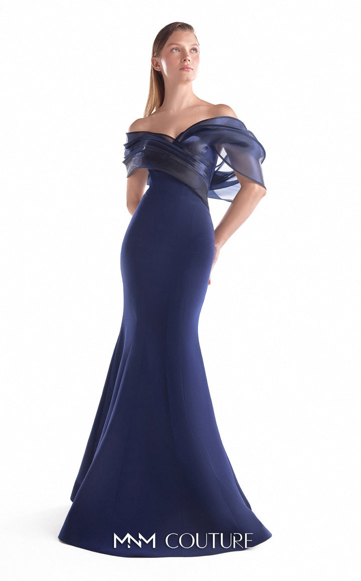 MNM Couture Style G2144: Midnight Organza Navy Crepe Gown - FOSTANI.com