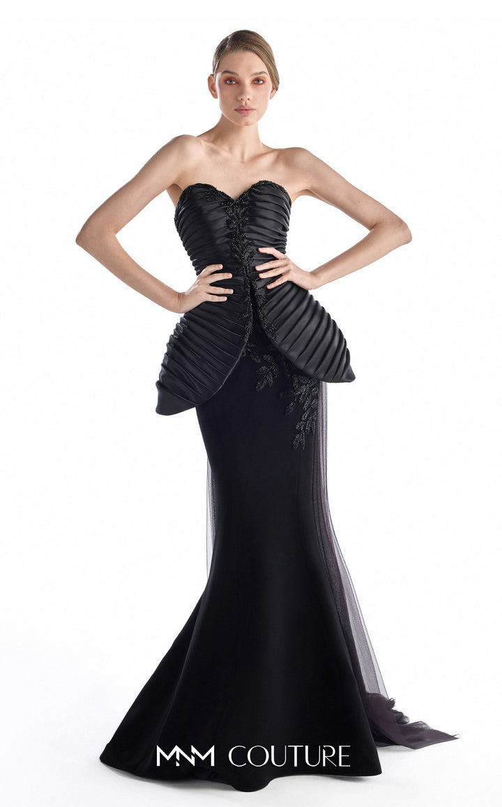 Gaby Charbachy G2202 strapless sweetheart pleated mermaid gown with sculptural peplum front view