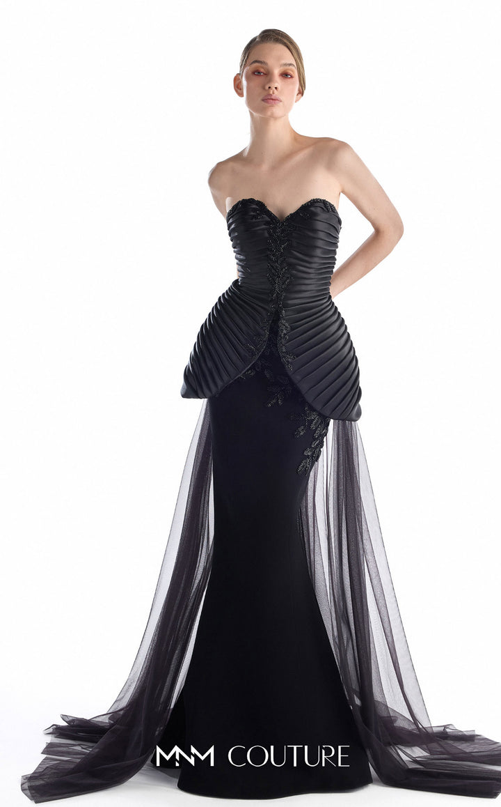 Gaby Charbachy G2202 strapless sweetheart pleated mermaid gown with sculptural peplum three-quarter view