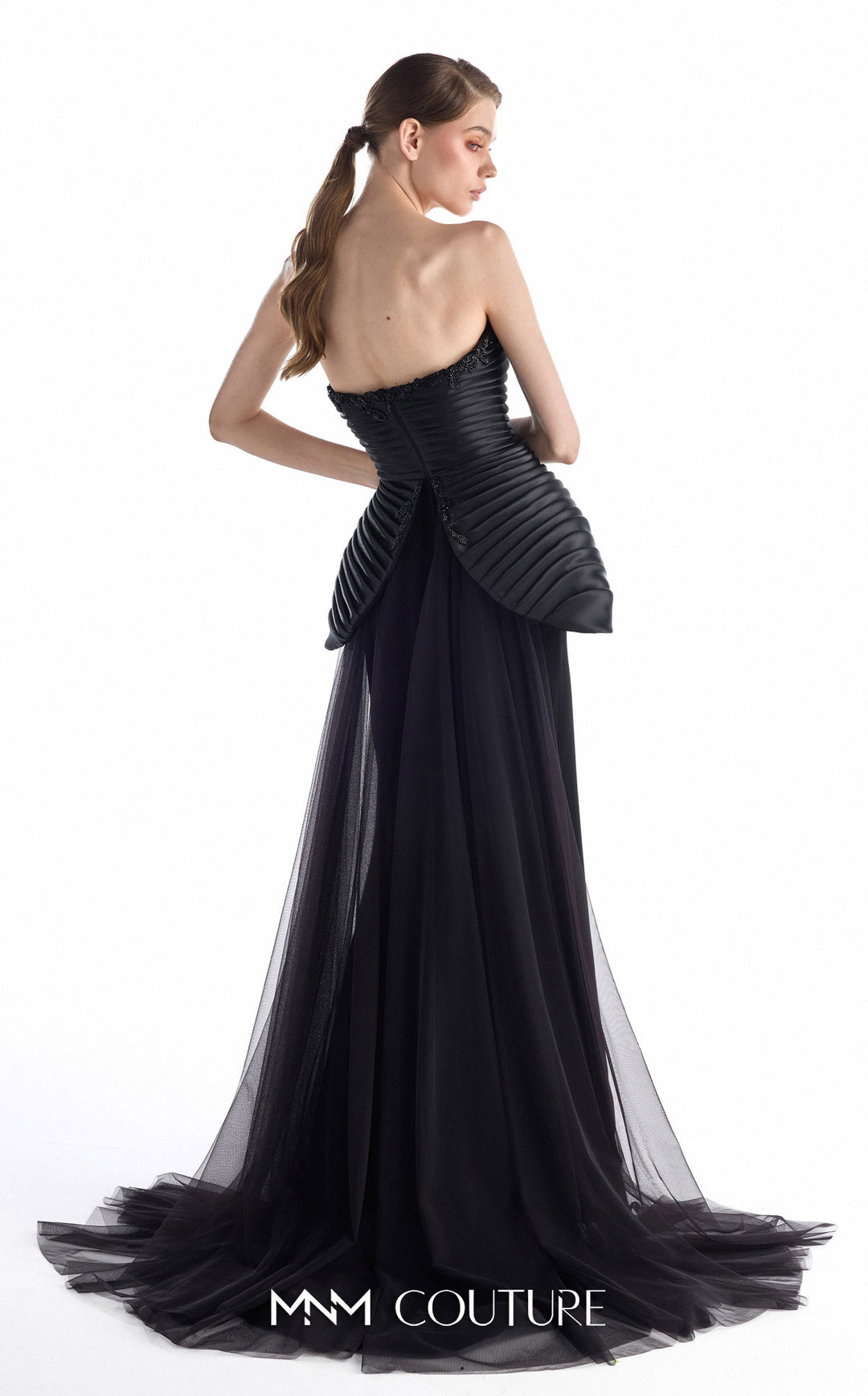 Gaby Charbachy G2202 strapless sweetheart pleated mermaid gown with sculptural peplum back view