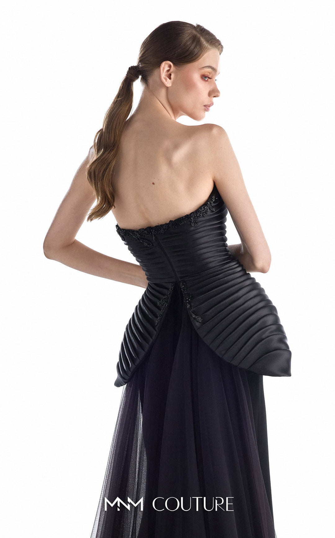 Gaby Charbachy G2202 strapless sweetheart pleated mermaid gown with sculptural peplum back detail