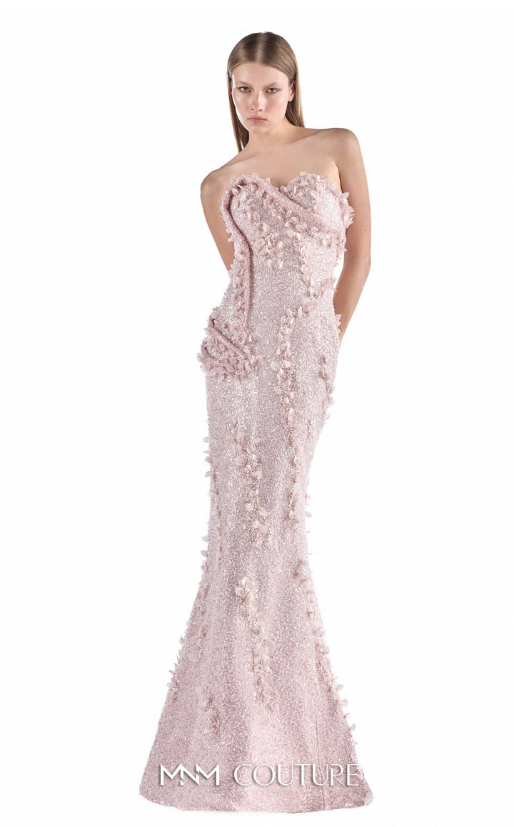 Gaby Charbachy G2208 strapless sweetheart sculpted beaded sheath gown with 3D floral appliqués front view