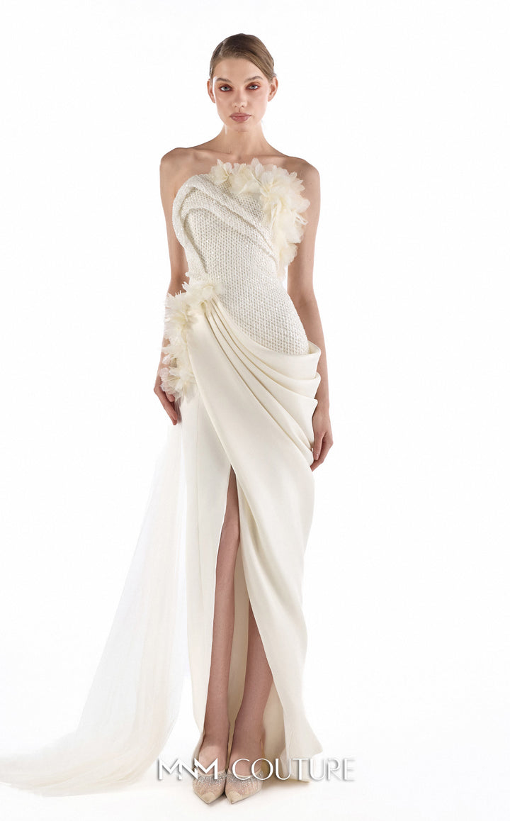 Gaby Charbachy G2214 asymmetric strapless beaded draped sheath gown with 3D flowers front view