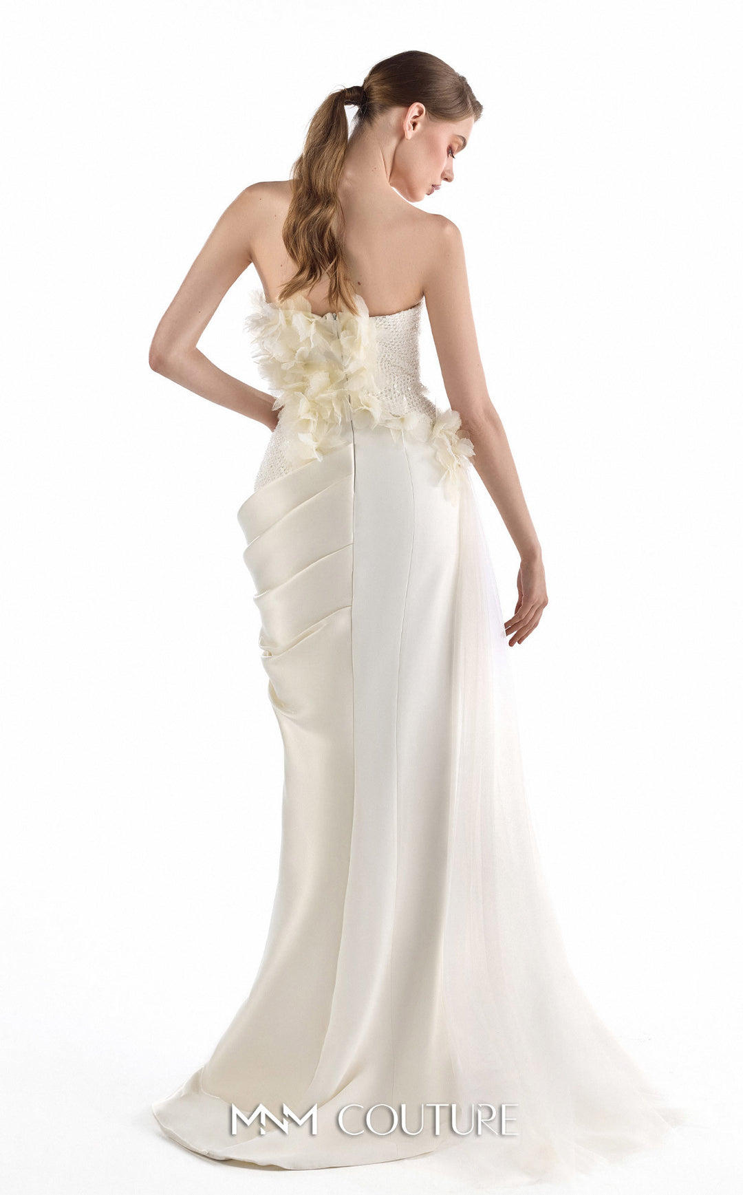 Gaby Charbachy G2214 asymmetric strapless beaded draped sheath gown with 3D flowers back view