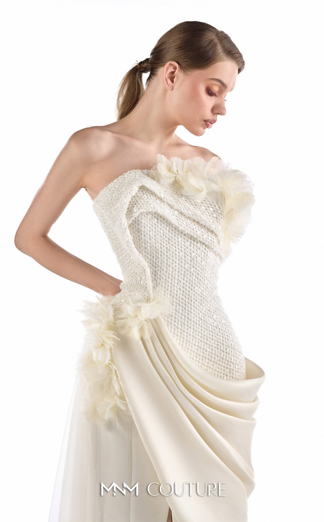 Gaby Charbachy G2214 asymmetric strapless beaded draped sheath gown with 3D flowers bodice detail