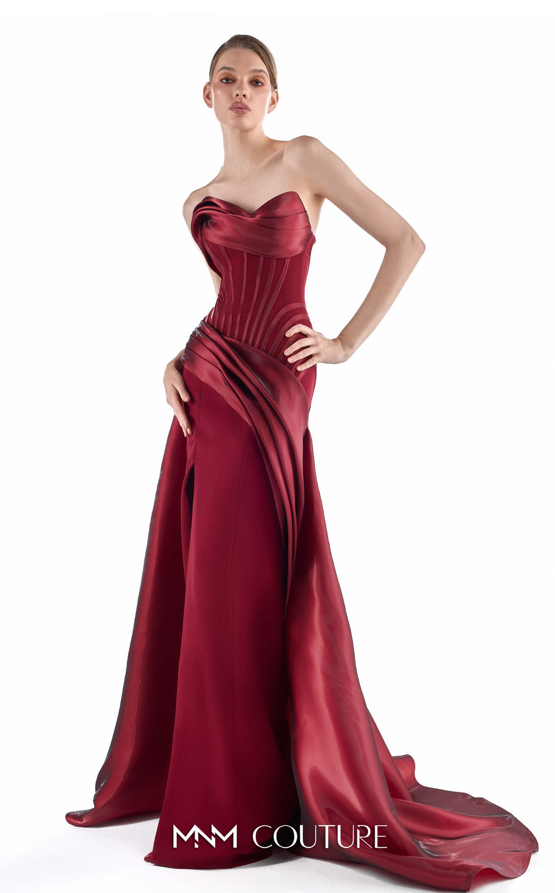 Gaby Charbachy G2218 strapless sweetheart corset column gown with draped overskirt three-quarter view