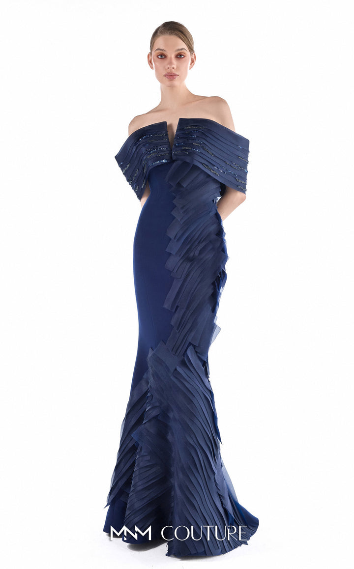 Gaby Charbachy G2227 off-the-shoulder notched pleated band mermaid gown with cascading ruffles front view