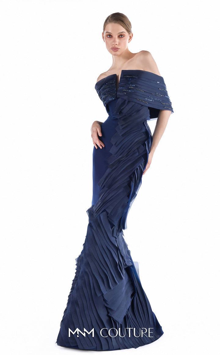 Gaby Charbachy G2227 off-the-shoulder notched pleated band mermaid gown with cascading ruffles three-quarter view