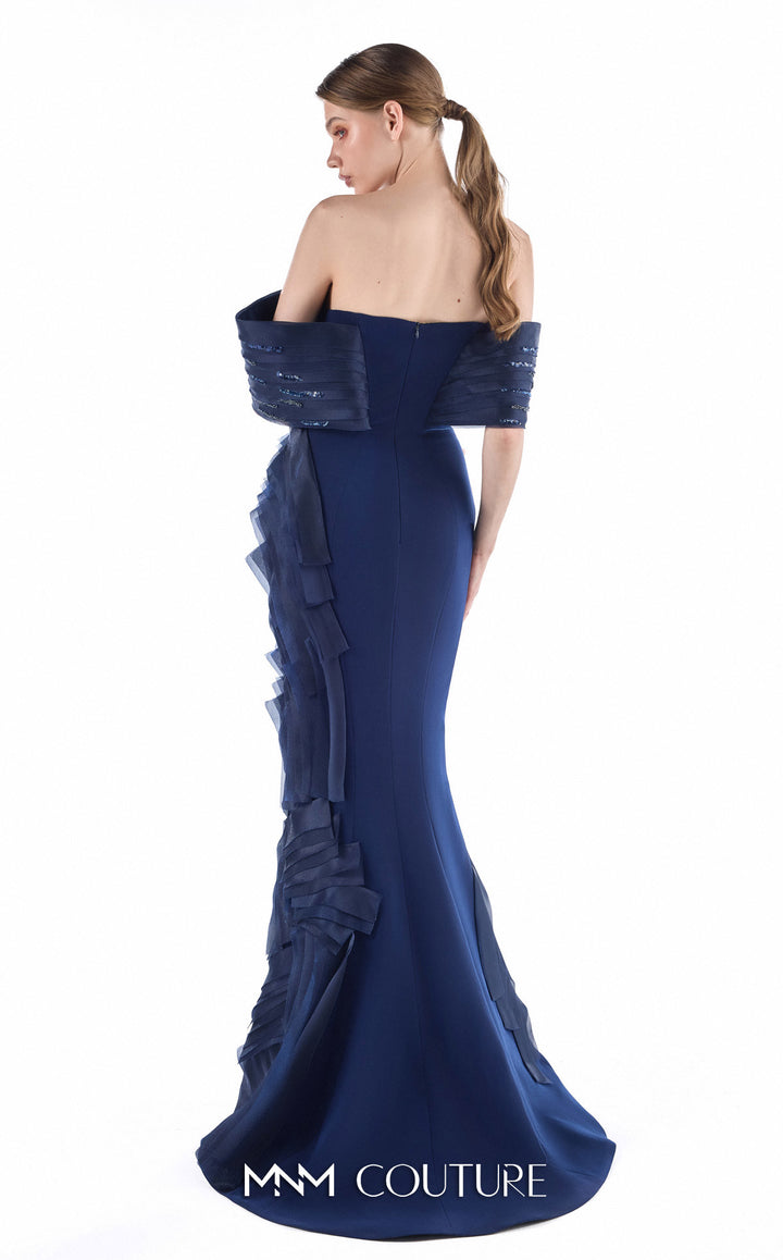 Gaby Charbachy G2227 off-the-shoulder notched pleated band mermaid gown with cascading ruffles back view