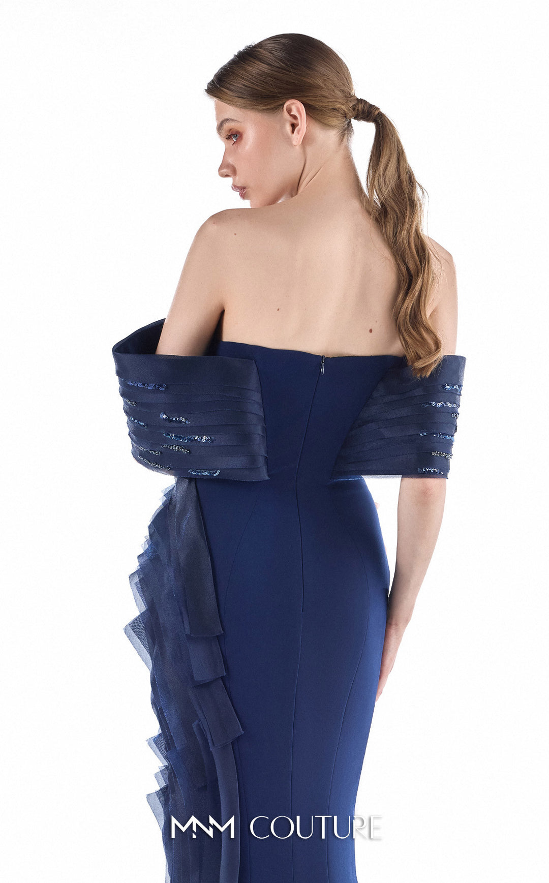 Gaby Charbachy G2227 off-the-shoulder notched pleated band mermaid gown with cascading ruffles back detail