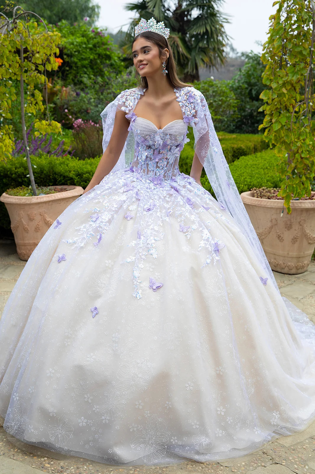 GLS Collective GL3501 Floral Glitter 3-D Butterfly Applique Quinceanera Dress