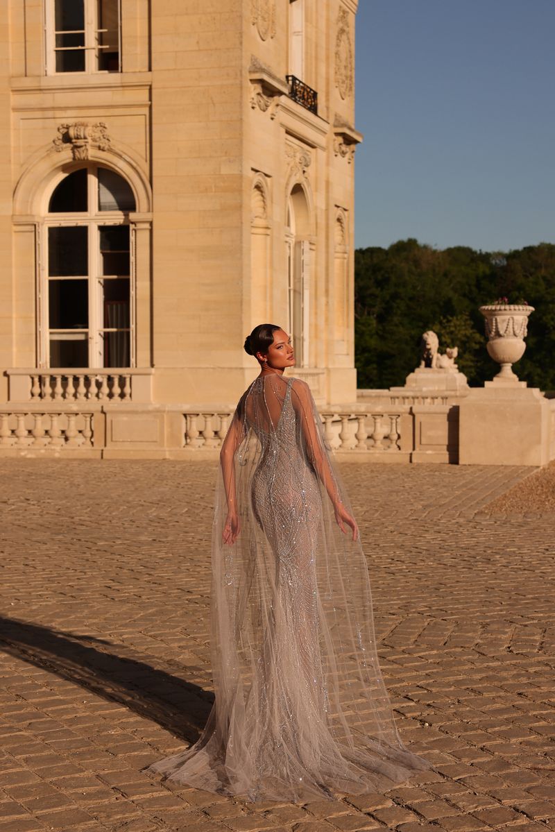 Chic & Holland HF110673 Cape Sleeve Beaded Couture Dress
