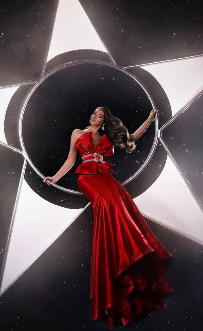 Delilah LD41044 Strapless Pleated Mermaid Gown with Ruffled Peplum and Crystal Waist - Red front view