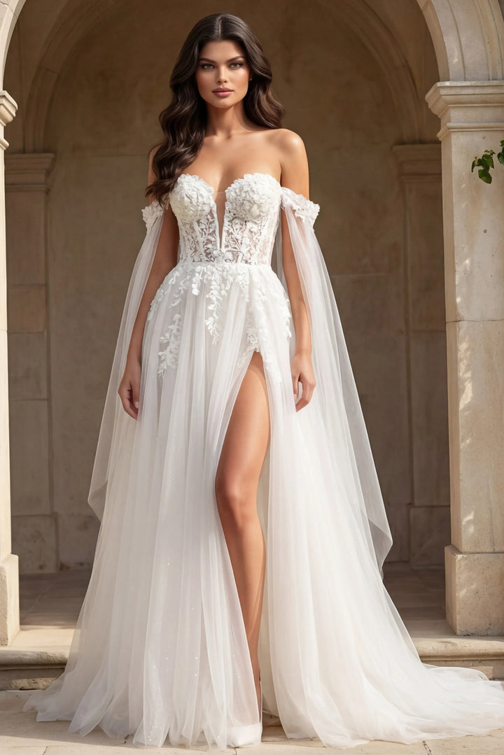 Jovani JB42480 Off the Shoulder Sheer Bridal Gown with Floral Embellishments - FOSTANI.com
