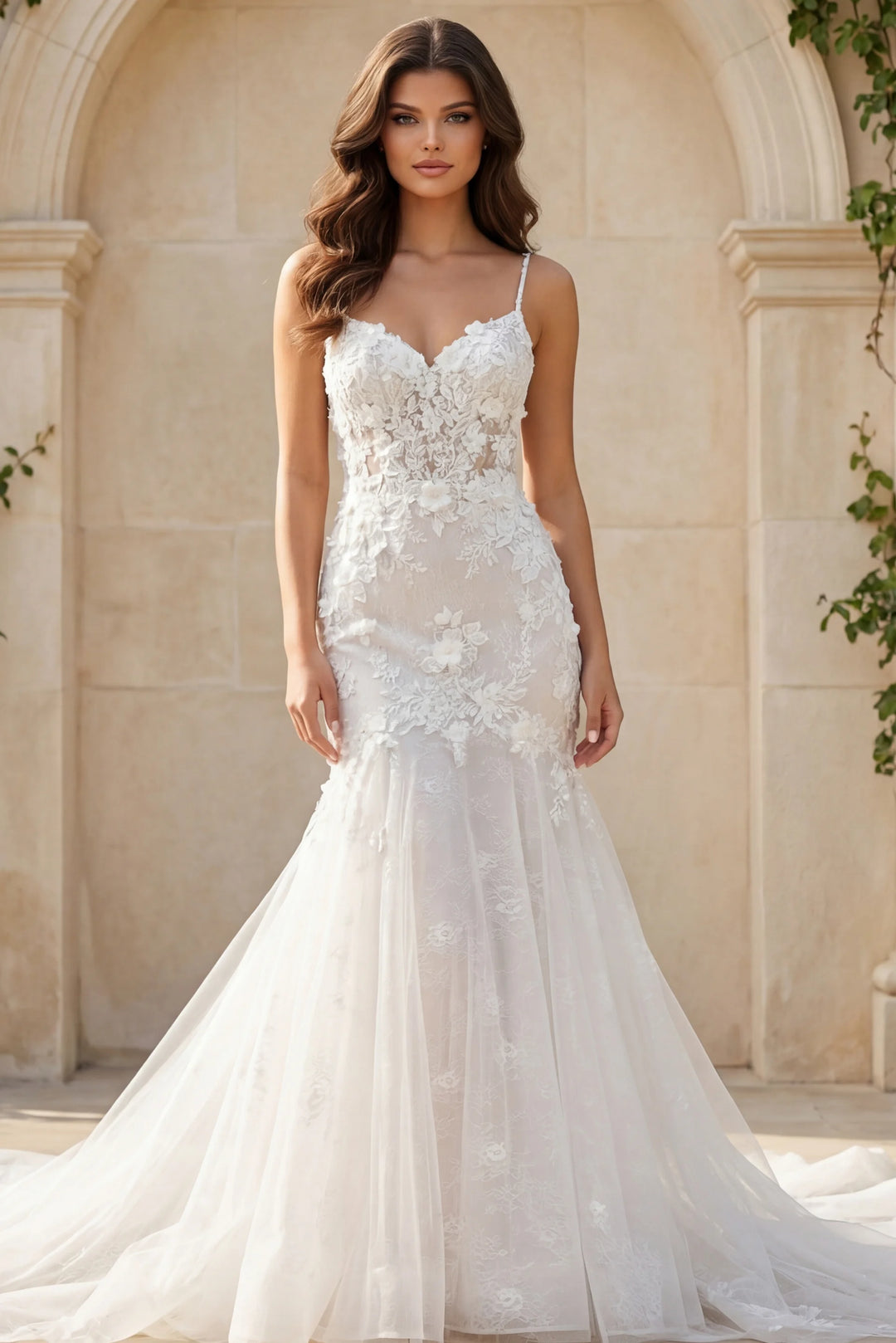 Jovani JB42484 Elegant Mermaid Lace Wedding Dress with Floral Appliqué - FOSTANI.com