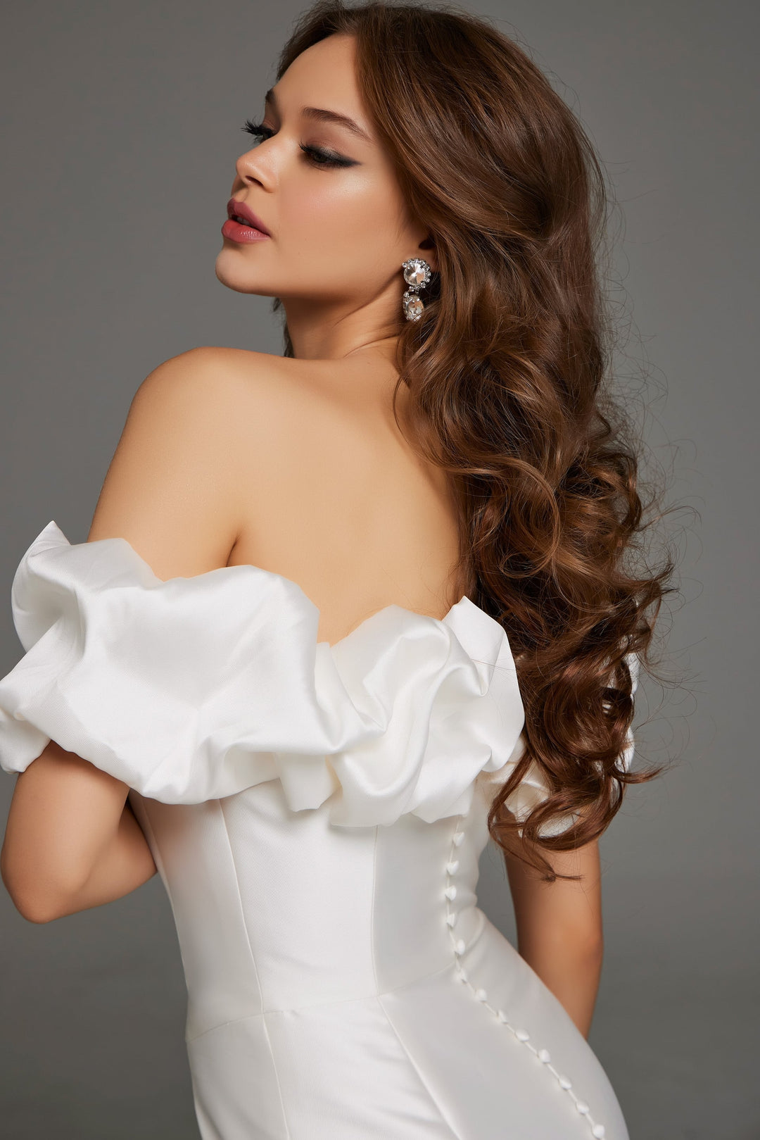 Jovani JB43896 Off the Shoulder Satin Bridal Gown with Ruffled Sleeves and Train
