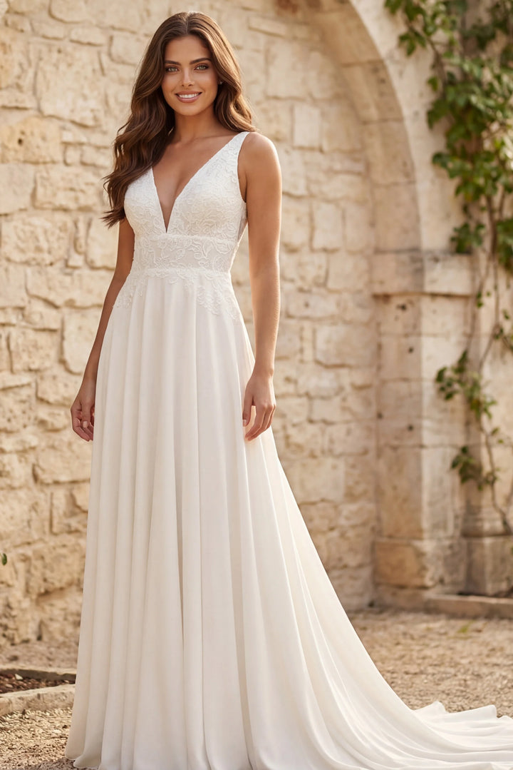 Jovani JB43905 Deep V Neck A Line Bridal Gown With Lace Bodice