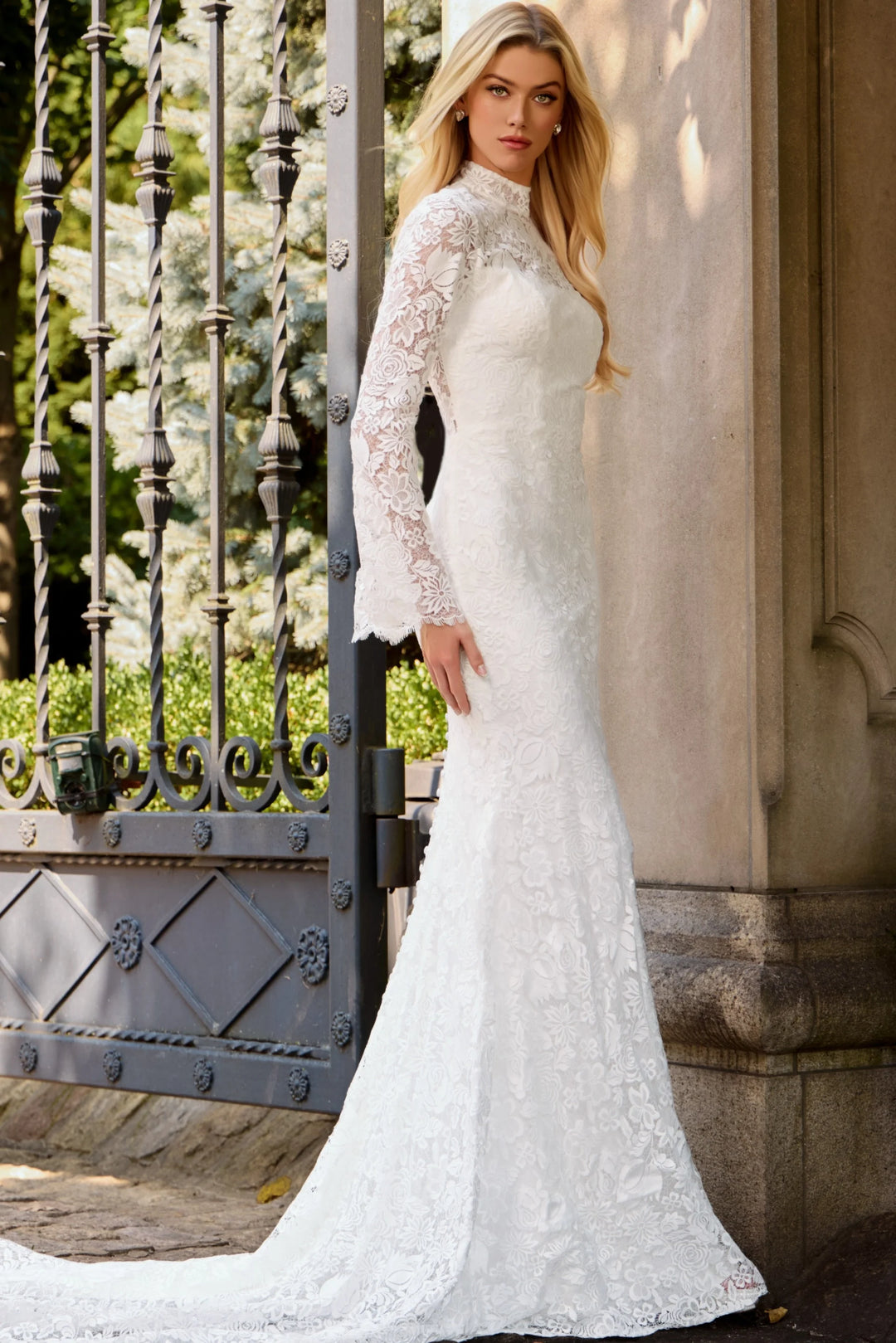 Jovani JB45767 High Neck Lace Wedding Dress Sheath Gown
