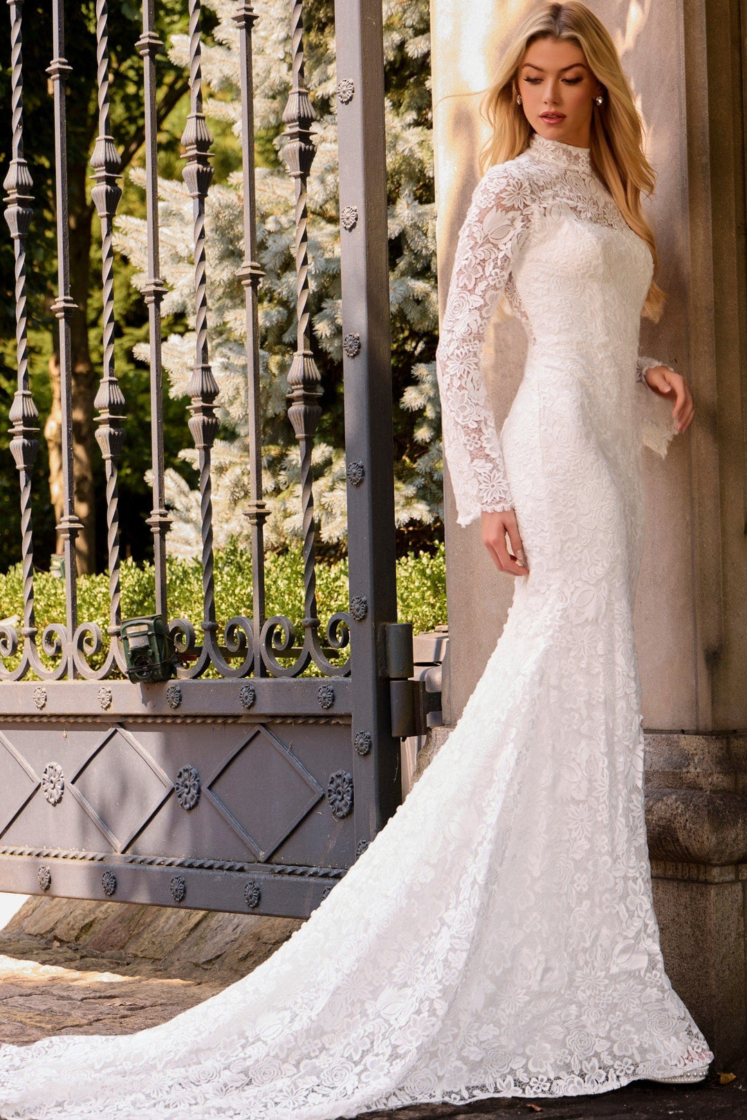 Jovani JB45767 High Neck Lace Wedding Dress Sheath Gown