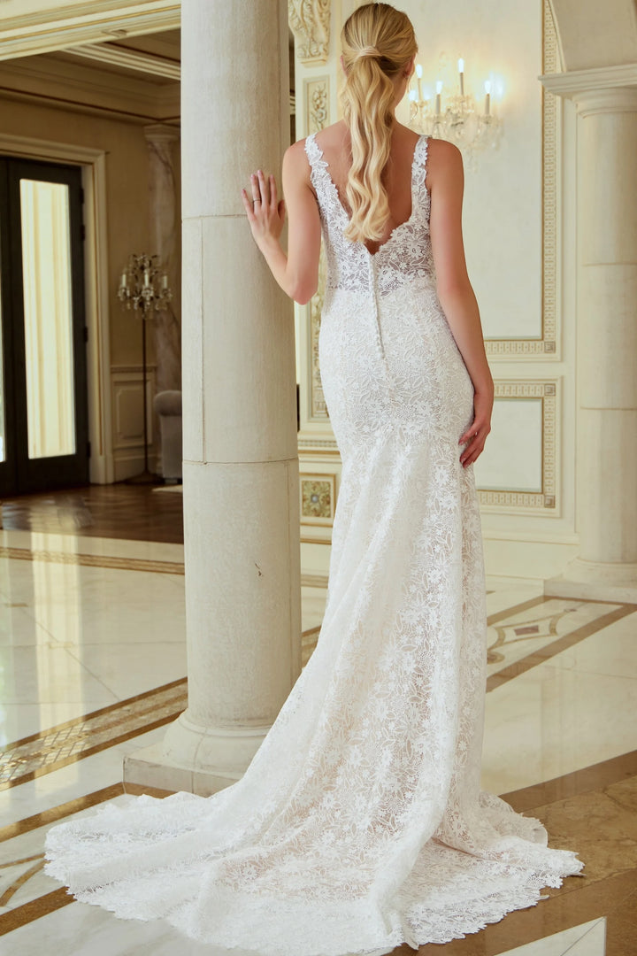 Jovani JB47331 Lace Sheath Wedding Dress with Plunging Neckline