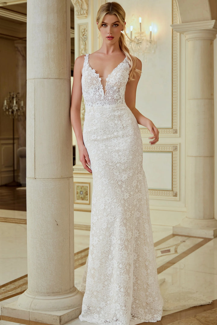 Jovani JB47331 Lace Sheath Wedding Dress with Plunging Neckline
