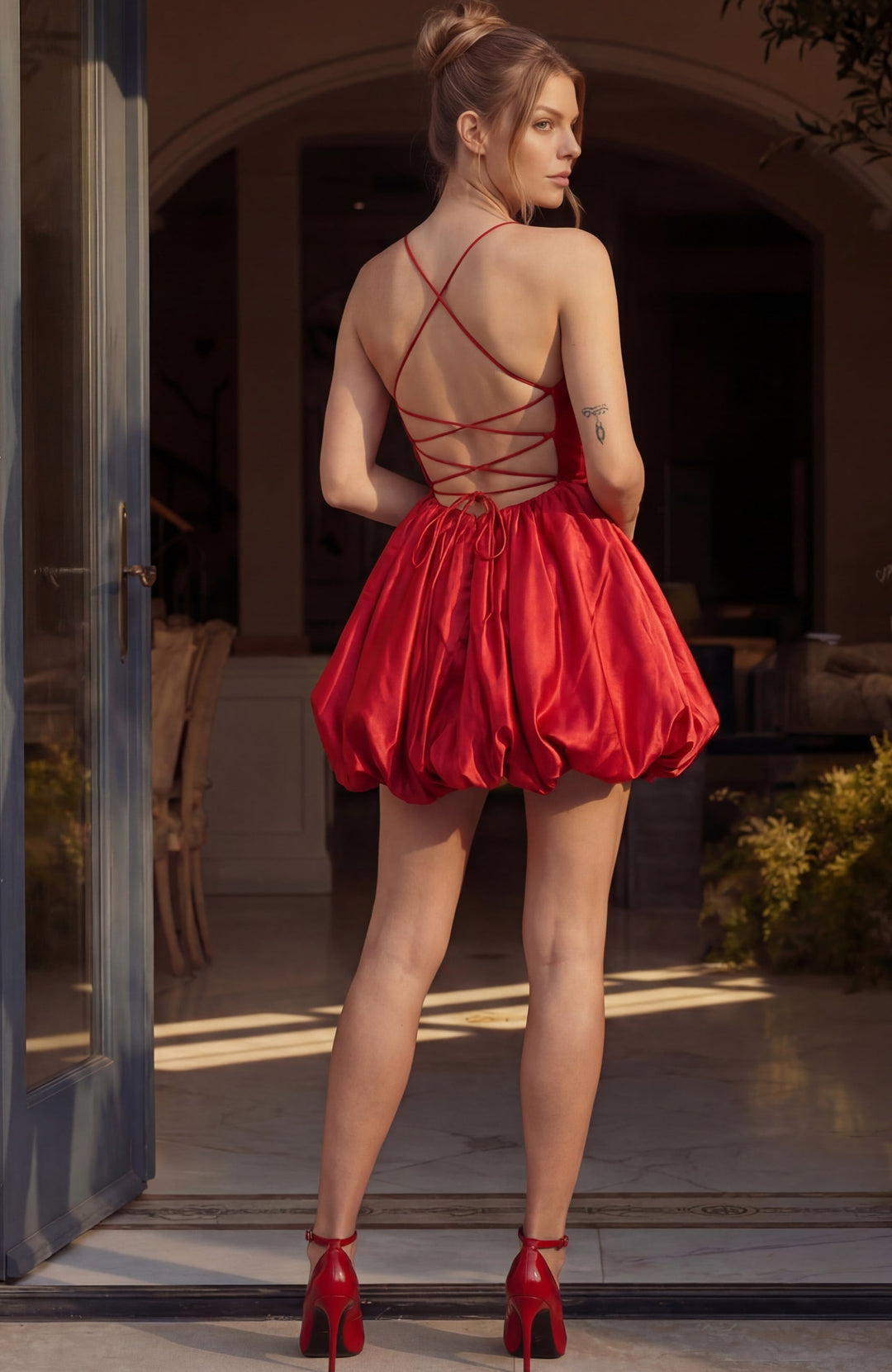 Jovani 52145 Square Neckline Sleeveless Satin Bubble Hem Mini Dress