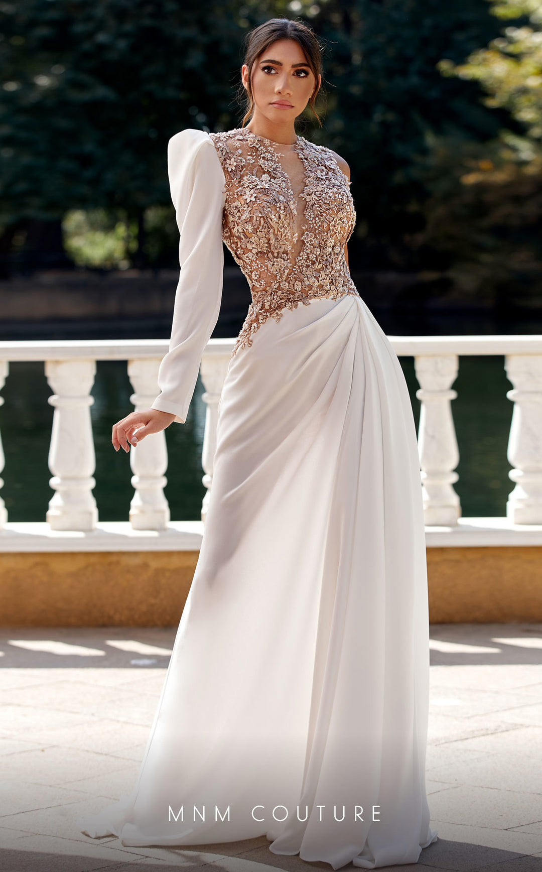 MNM Couture K3939 One Sleeve Embroidered Illusion Trumpet Evening Gown