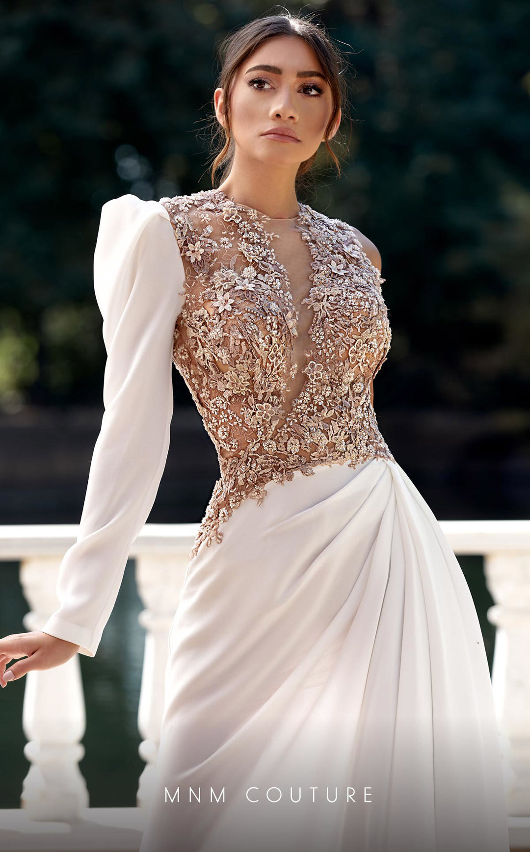 MNM Couture K3939 One Sleeve Embroidered Illusion Trumpet Evening Gown