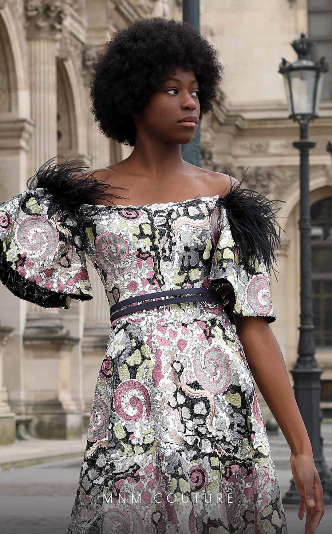 MNM Couture K4058 Off-the-Shoulder Feather Trim Sequin Ball Gown