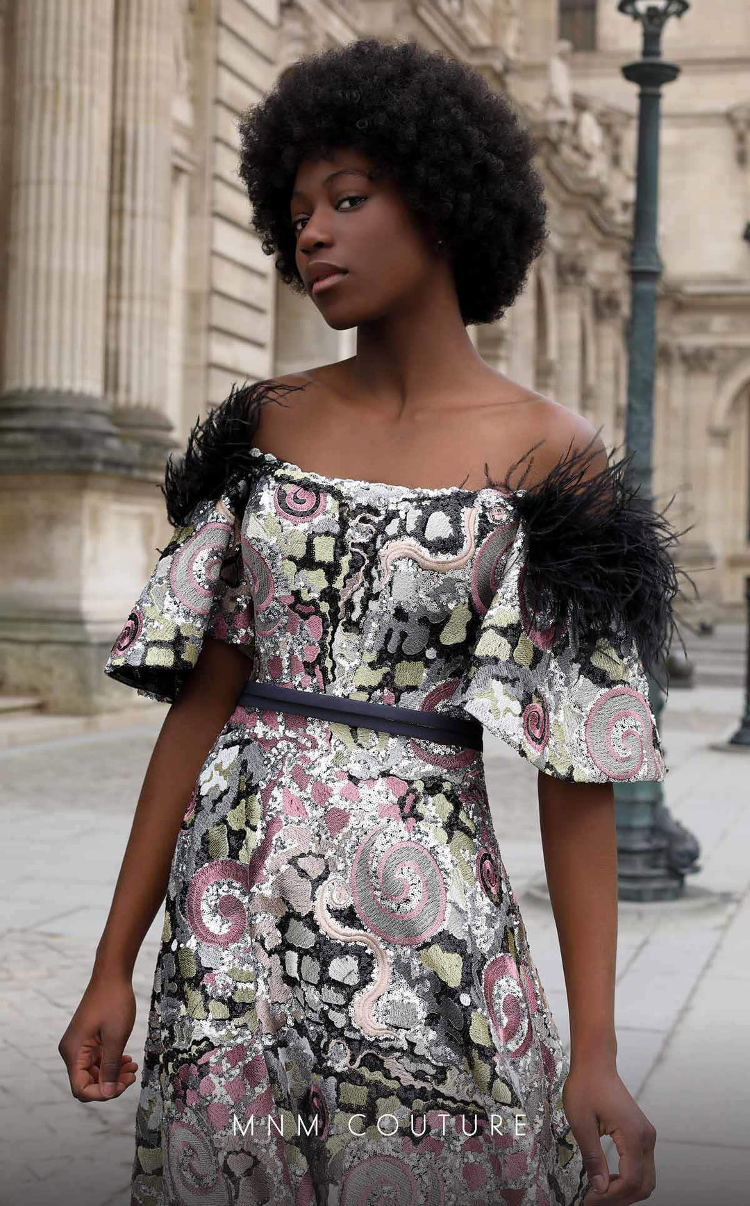 MNM Couture K4058 Off-the-Shoulder Feather Trim Sequin Ball Gown