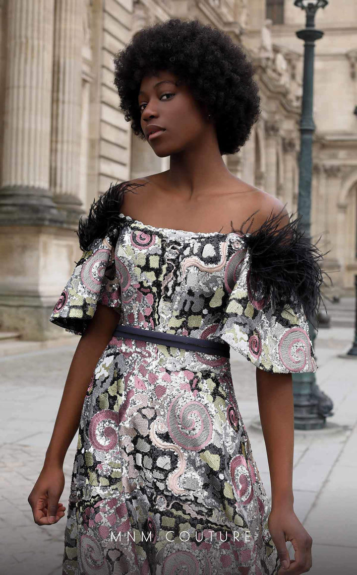 MNM Couture K4058 Off-the-Shoulder Feather Trim Sequin Ball Gown