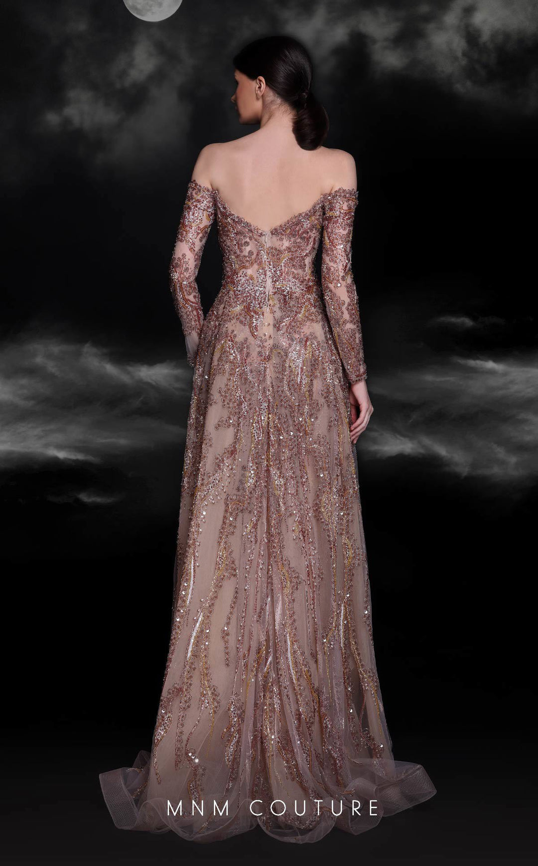 MNM Couture K4121 Off-the-Shoulder Long Sleeve Sequin Column Evening Gown