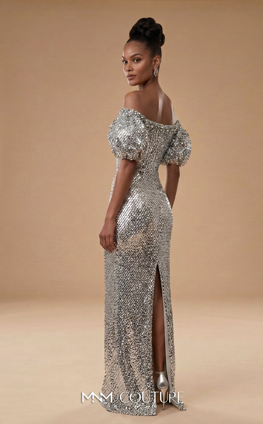MNM Couture M1320 Off-the-Shoulder Puff Sleeve Sequin Column Evening Gown