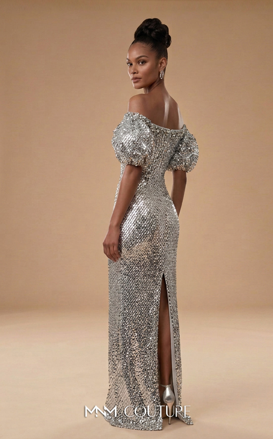 MNM Couture M1320 Off-the-Shoulder Puff Sleeve Sequin Column Evening Gown