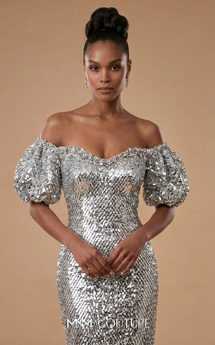 MNM Couture M1320 Off-the-Shoulder Puff Sleeve Sequin Column Evening Gown
