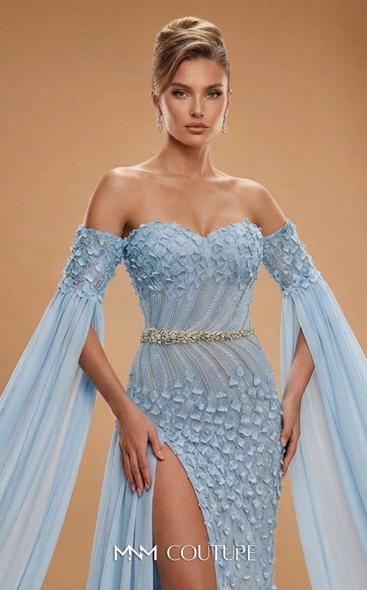 MNM Couture M1321 Off-the-Shoulder Cape Sleeve Column Evening Gown