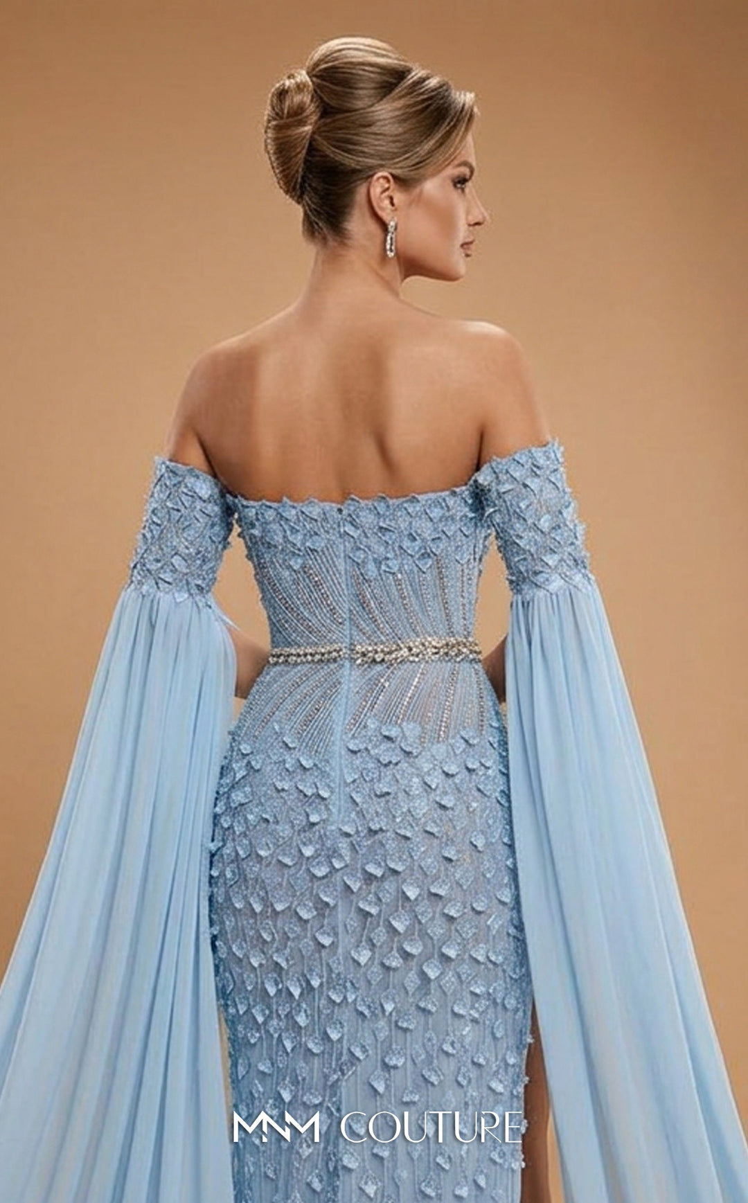MNM Couture M1321 Off-the-Shoulder Cape Sleeve Column Evening Gown