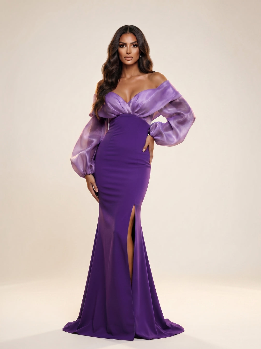 Modessa Couture M26703 Off-the-Shoulder Bishop Sleeve Slit Evening Dress - FOSTANI.com
