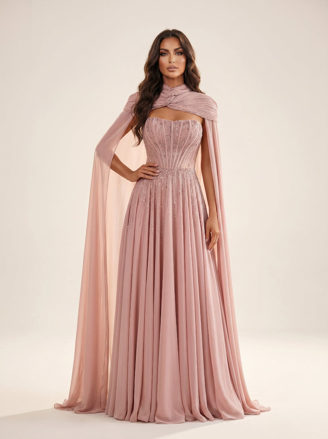 Modessa Couture MO26707 strapless cape evening gown front view