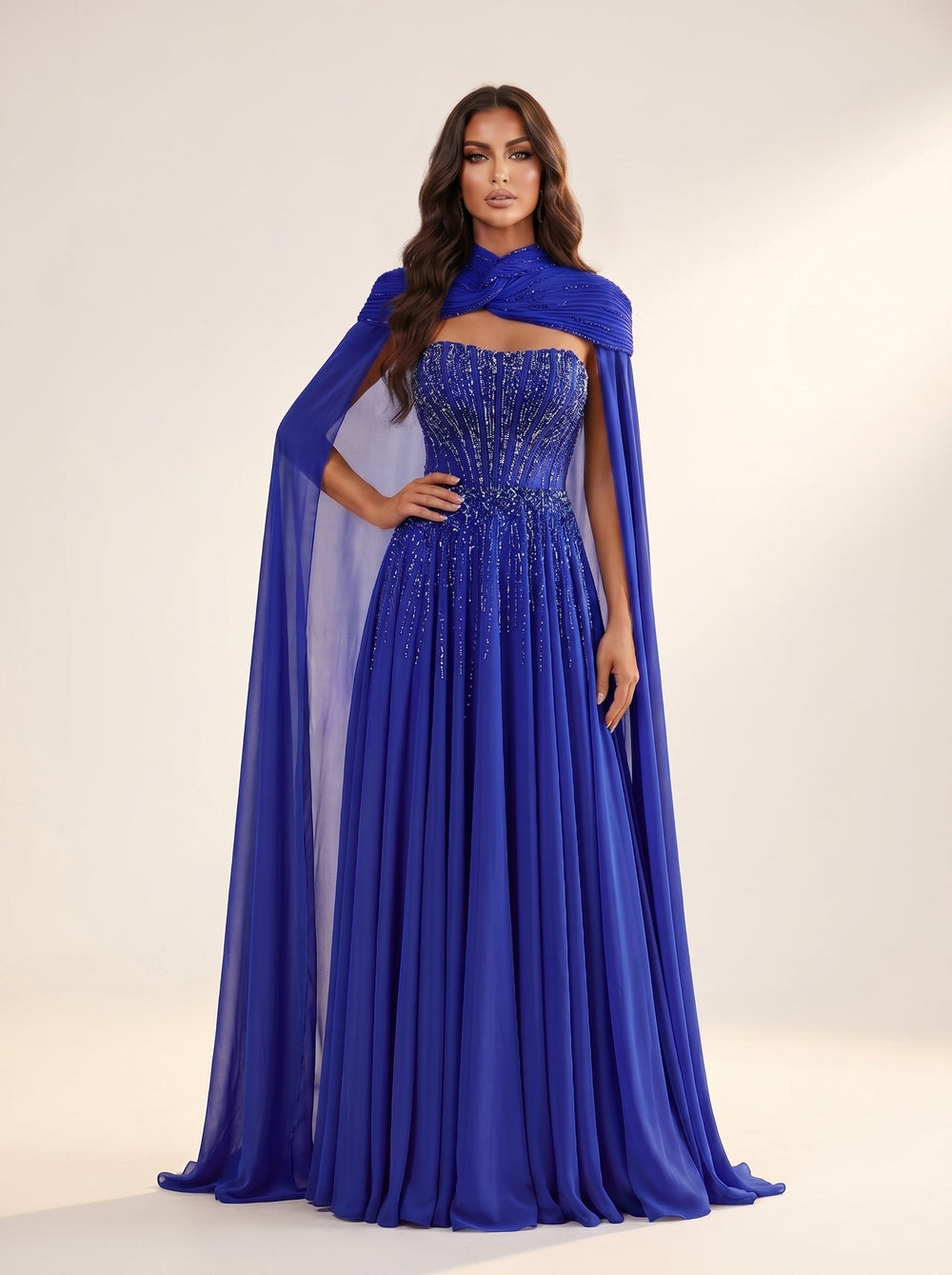 Modessa Couture MO26707 strapless cape evening gown alternate color front view