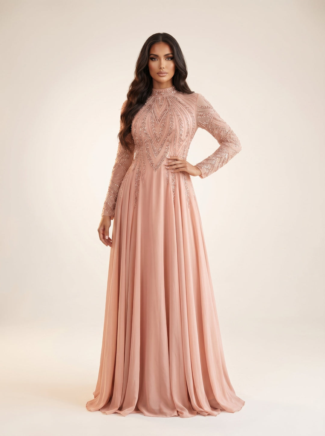 Modessa Couture MO26709 high neck long sleeve a-line evening gown front view
