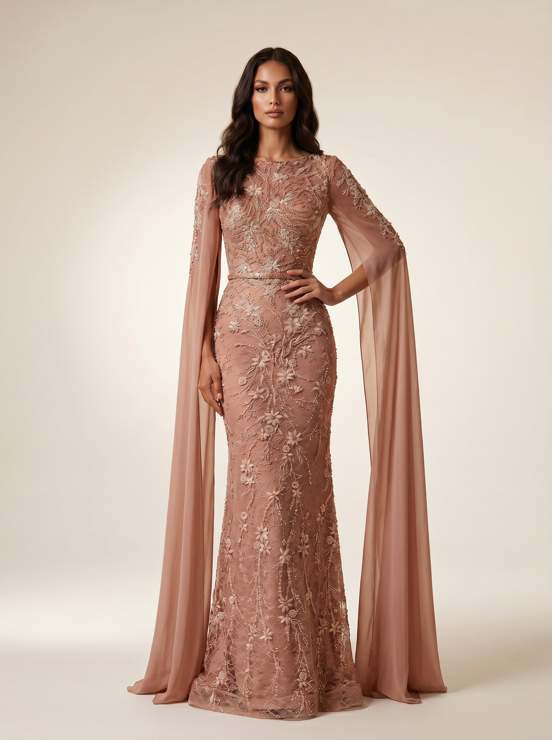 Modessa Couture MO26710 cape sleeve mother of the bride dress front view